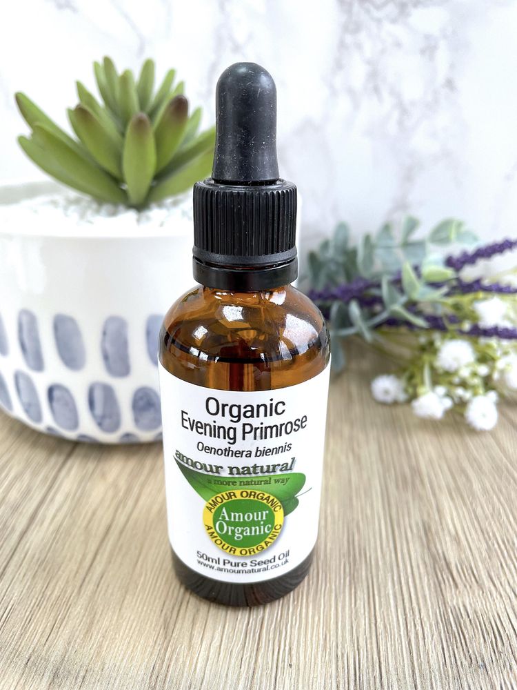 organic evening primrose oil 50ml in brown bottle with  dropper, the holistic hamper