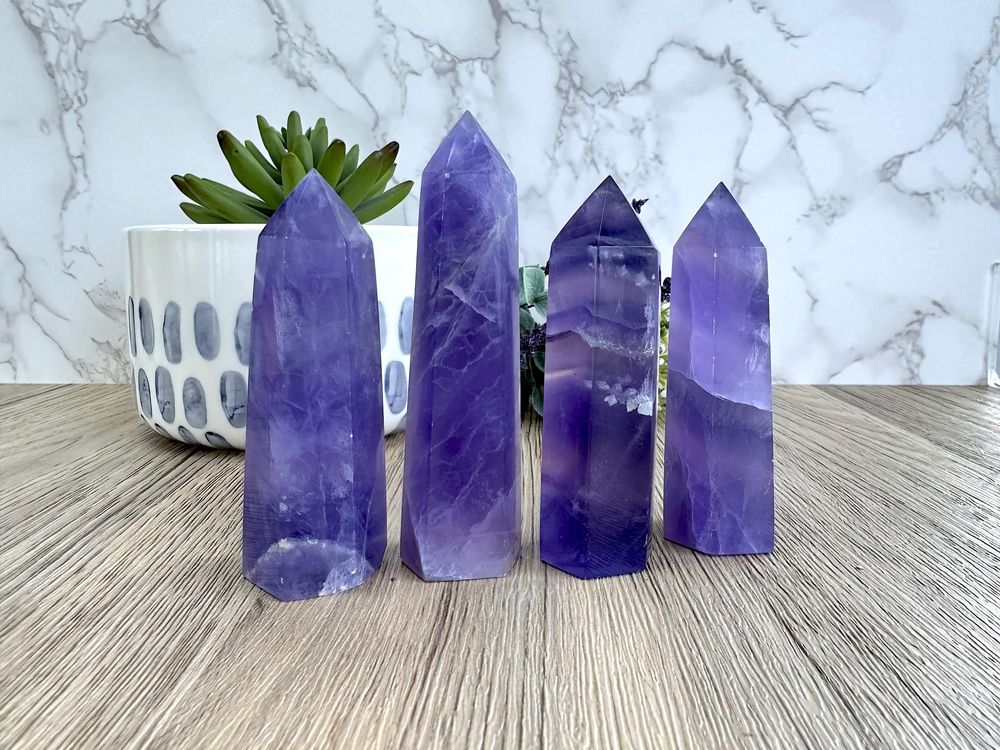 four standing Lilac purple fluorite crystal towers from the holistic hamper