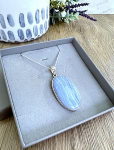 blue lace agate oval crystal pendant with sterling silver in box, the holistic hamper crystals