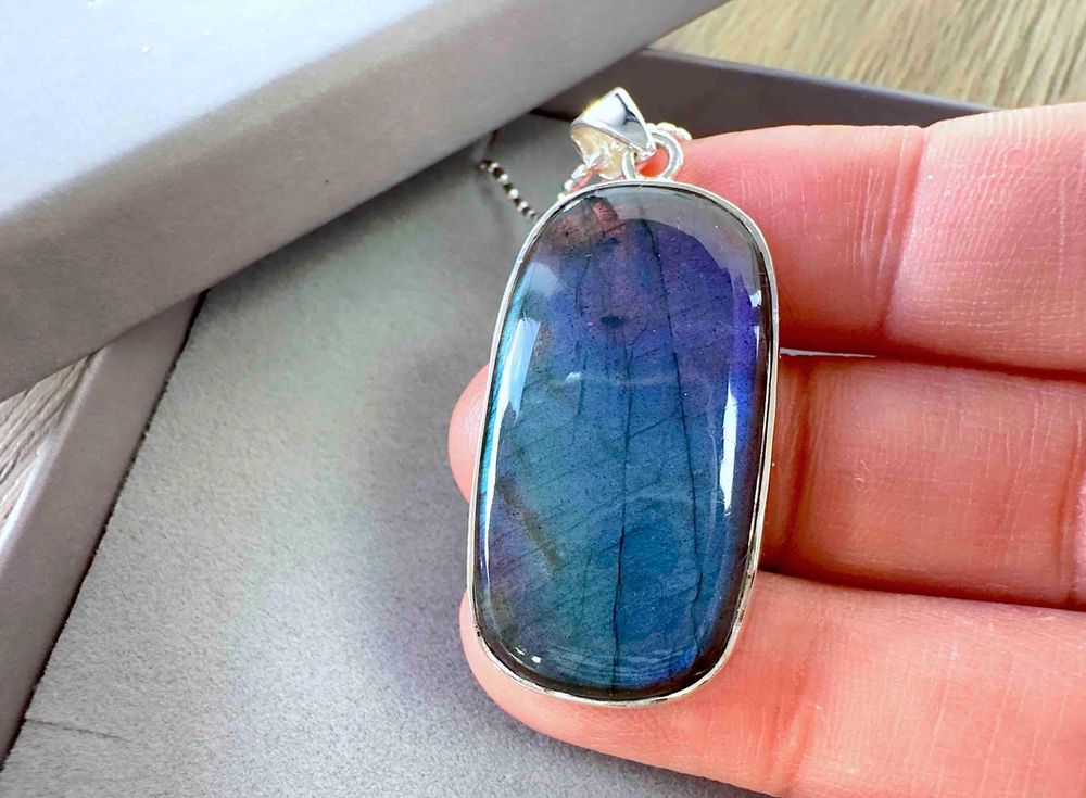 sterling silver mounted labradorite rectangular pendant with chain, the holistic hamper crystals