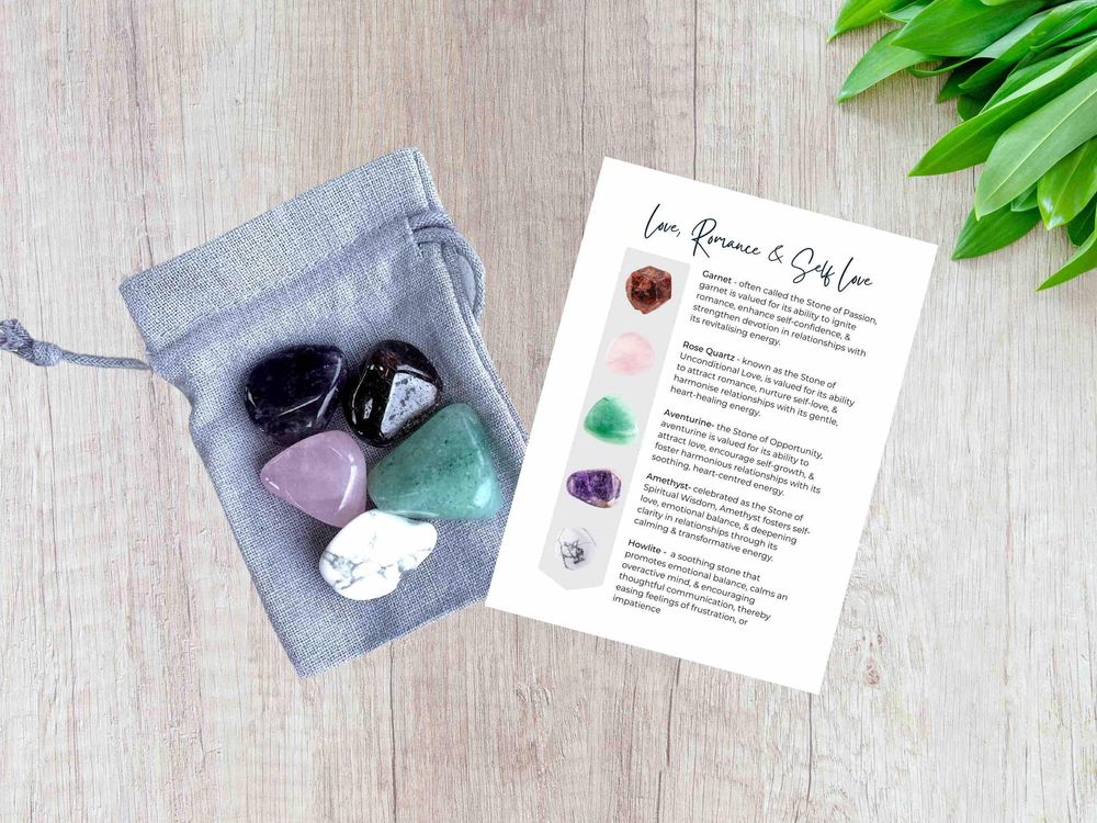 Love, romance and self love crystal set with five tumbled stones and properties card