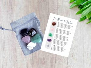 Love, romance and self love crystal set with five tumbled stones and properties card