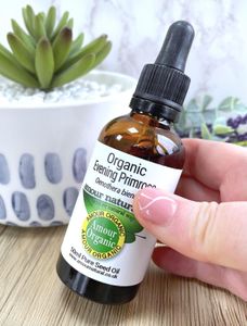 organic evening primrose oil 50ml in brown bottle with  dropper, the holistic hamper