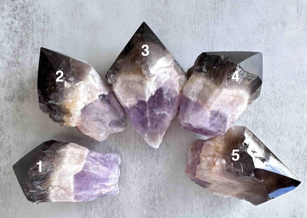 root of transformation crystal point with amethyst Smokey Quartz and white quartz