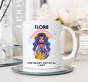 personalised crazy crystal lady mug, white ceramic on a display stand
