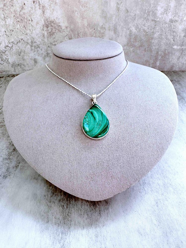 genuine green malachite crystal pendant with sterling silver mount and optional chain