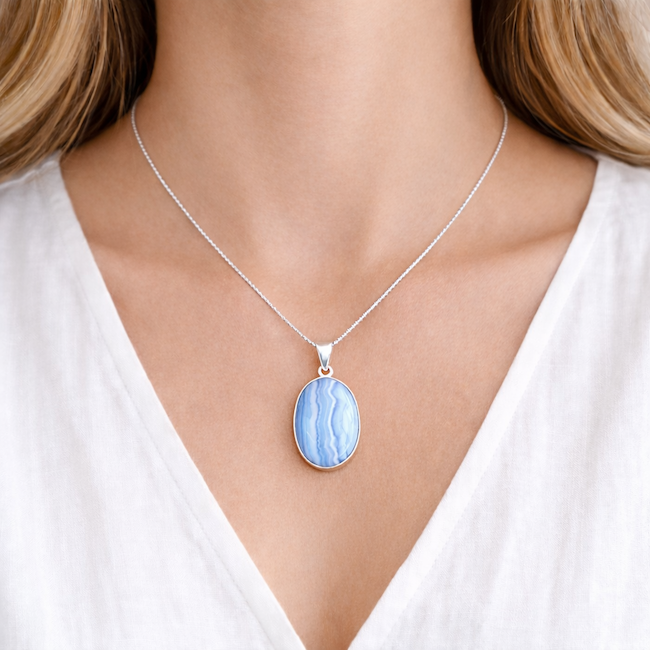 Blue Lace Agate Pendant | Sterling Silver Calming Crystal Necklace