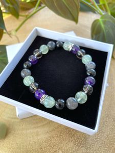 Empath Protection Beaded Bracelet with crystals of Labradorite, Amethyst, Black Obsidian, Prehnite & Smokey Quartz shipped by The Holistic Hamper in a gift box