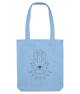 hamsa hand tote bag with evil eye in sky blue, the holistic hamper