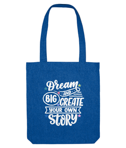 bright blue cotton tote bag with dream big quote, the holistic hamper