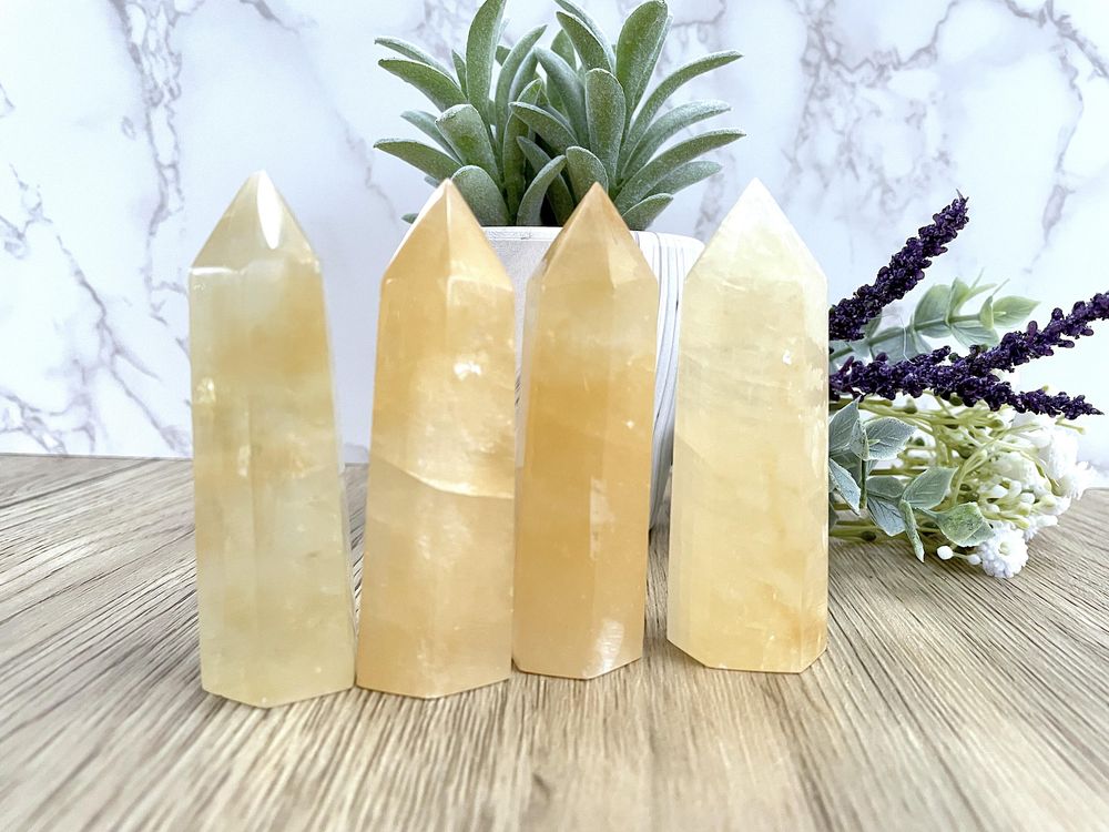 yellow calcite crystal towers, the holistic hamper UK online crystal shop