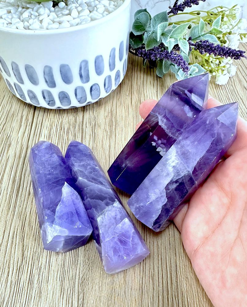 four Lilac purple fluorite crystal towers from the holistic hamper
