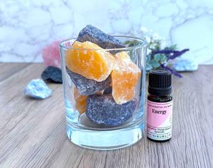 sodalite and orange calcite crystal diffuser with energy essential oil blend