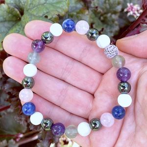 Sleep stretch elasticated bracelet gemstones fluorite hematite amethyst howlite moonstone sodalite rose quartz
