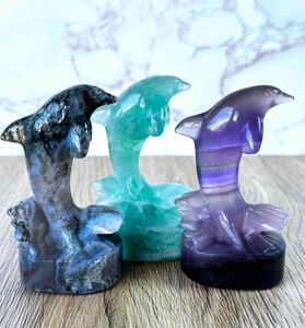 freestanding crystal animal dolphin in fluorite and green moss agate