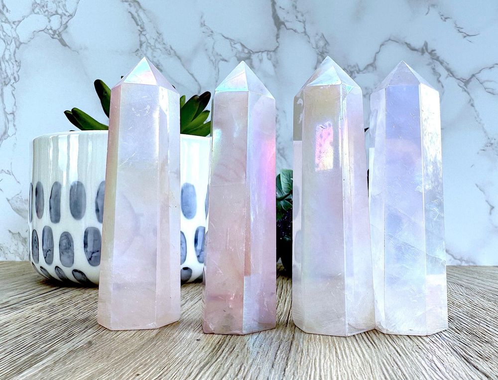 aura rose quartz towers, crystal towers from the holistic hamper crystals