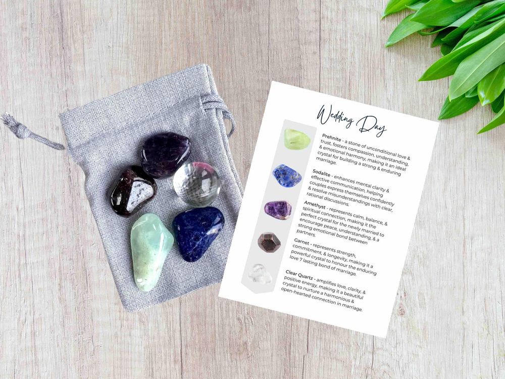 crystal set wedding day and hen do gift for bridge or groom with five tumbled stones, card and gift bag