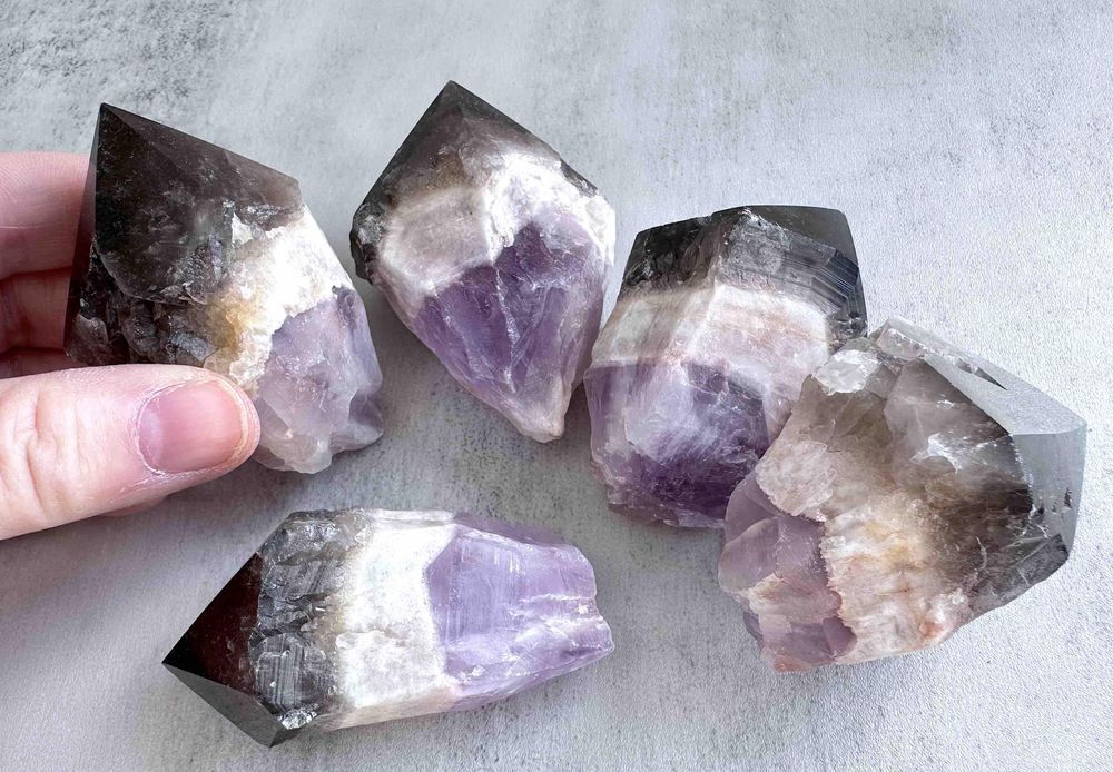 root of transformation crystal point with amethyst Smokey Quartz and white quartz