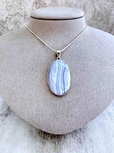 oval blue lace agate crystal pendant on chain