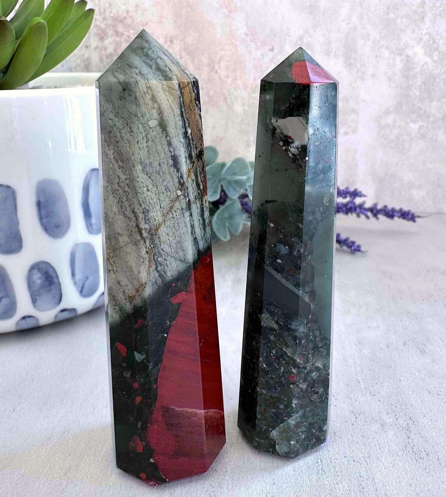 two african bloodstone crystal towers red and green