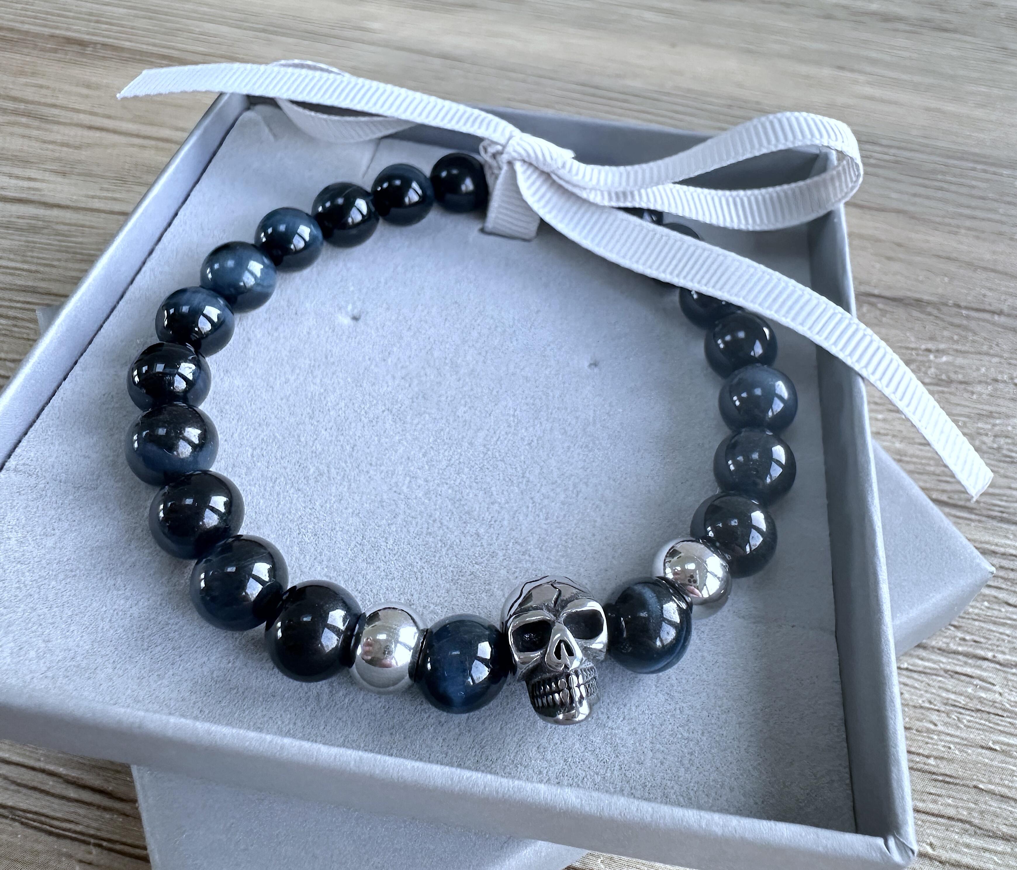 blue tigers eye skull mens crystal bracelet