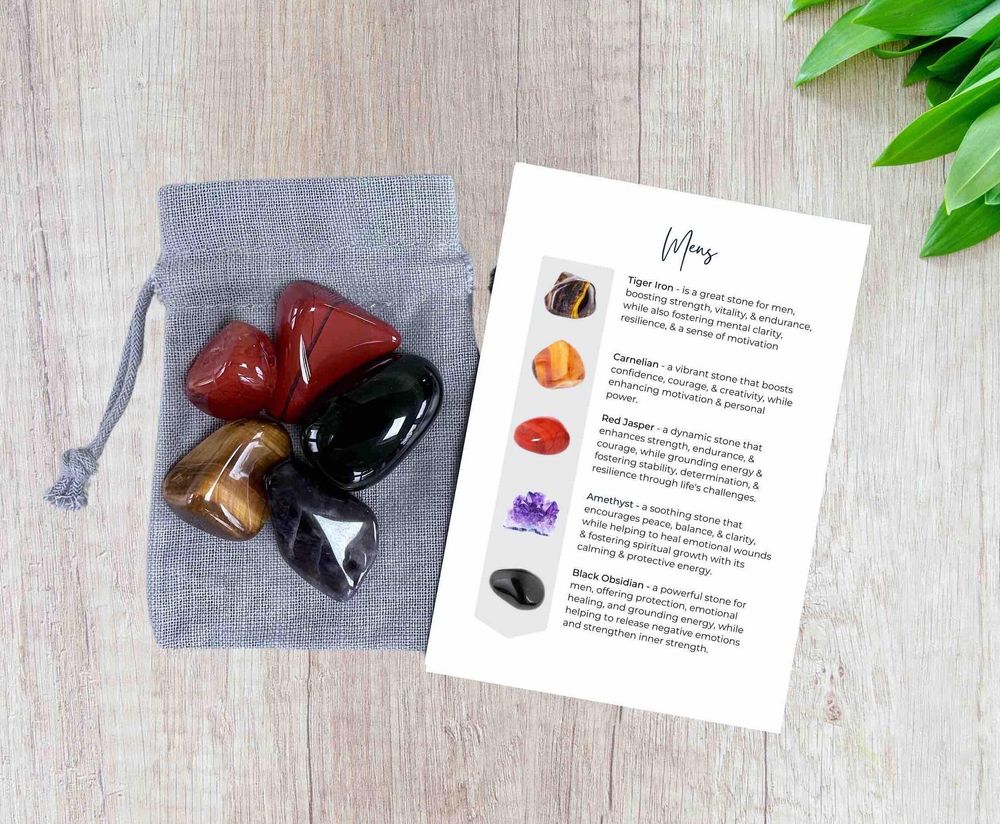 Men’s Crystal Set for Strength, Focus & Protection with five polished tumbled stones and properties card