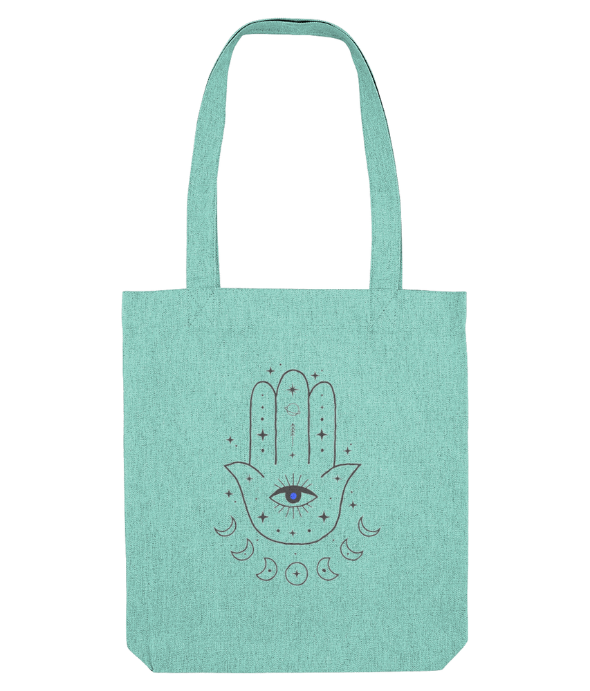 hamsa hand tote bag with evil eye in mint, the holistic hamper