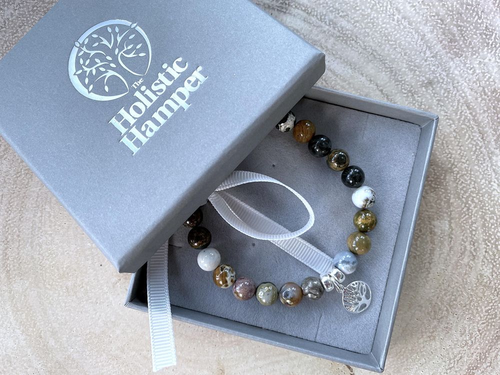 Ocean Jasper crystal sterling silver charm bracelet in box, the holistic hamper crystals UK