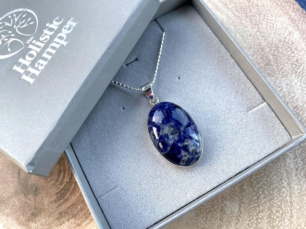 Oval sterling silver sodalite pendant with chain in a box, the holistic hamper crystals