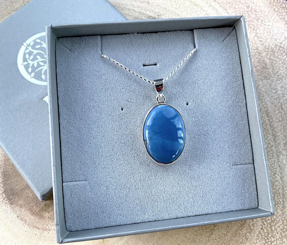 Owyhee blue opal pendant in sterling silver in box, the holistic hamper crystal shop uk