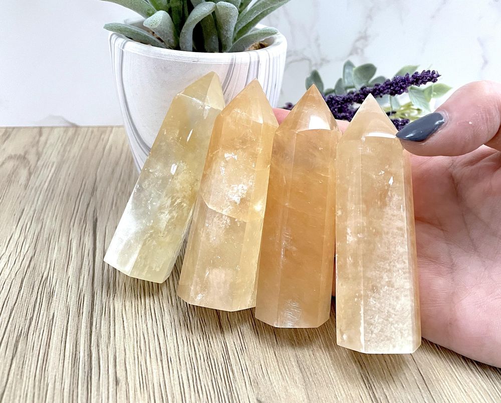 yellow calcite crystal towers, the holistic hamper UK online crystal shop
