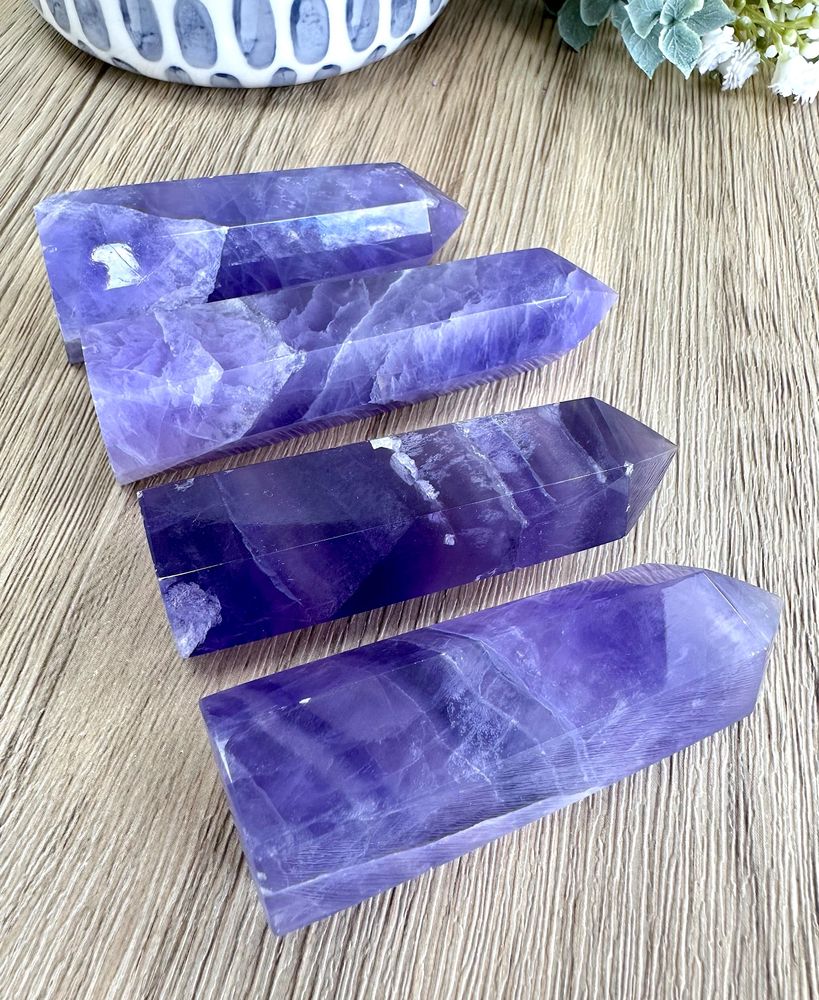 four standing Lilac purple fluorite crystal towers from the holistic hamper