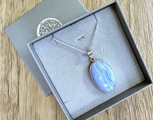blue lace agate oval crystal pendant with sterling silver in box, the holistic hamper crystals