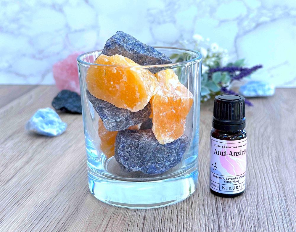 sodalite and orange calcite crystal diffuser with anti anxiety essential oil blend
