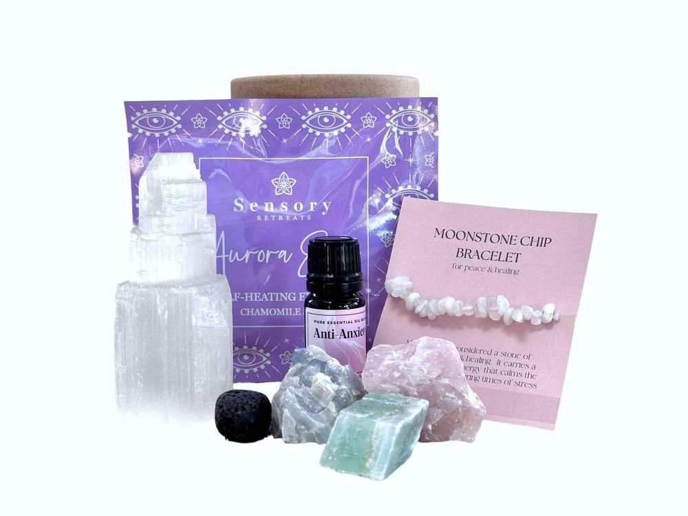 Feel the love self love and worth pamper pot with selenite tower, rough crystals, etc mask and moonstone bracelet