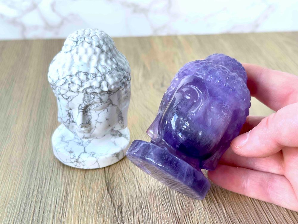 crystal buddha heads in white howlite and purple fluorite