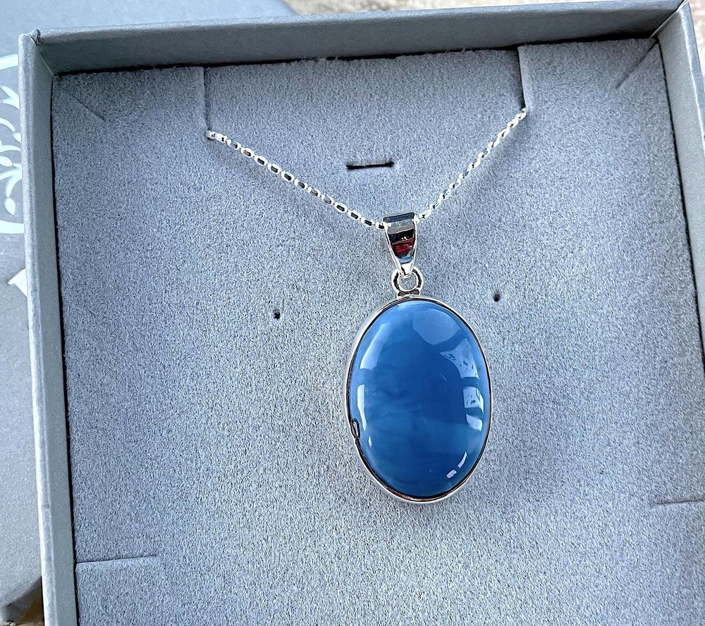 Owyhee blue opal pendant in sterling silver in box, the holistic hamper crystal shop uk