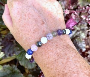 Sleep stretch elasticated bracelet gemstones fluorite hematite amethyst howlite moonstone sodalite rose quartz