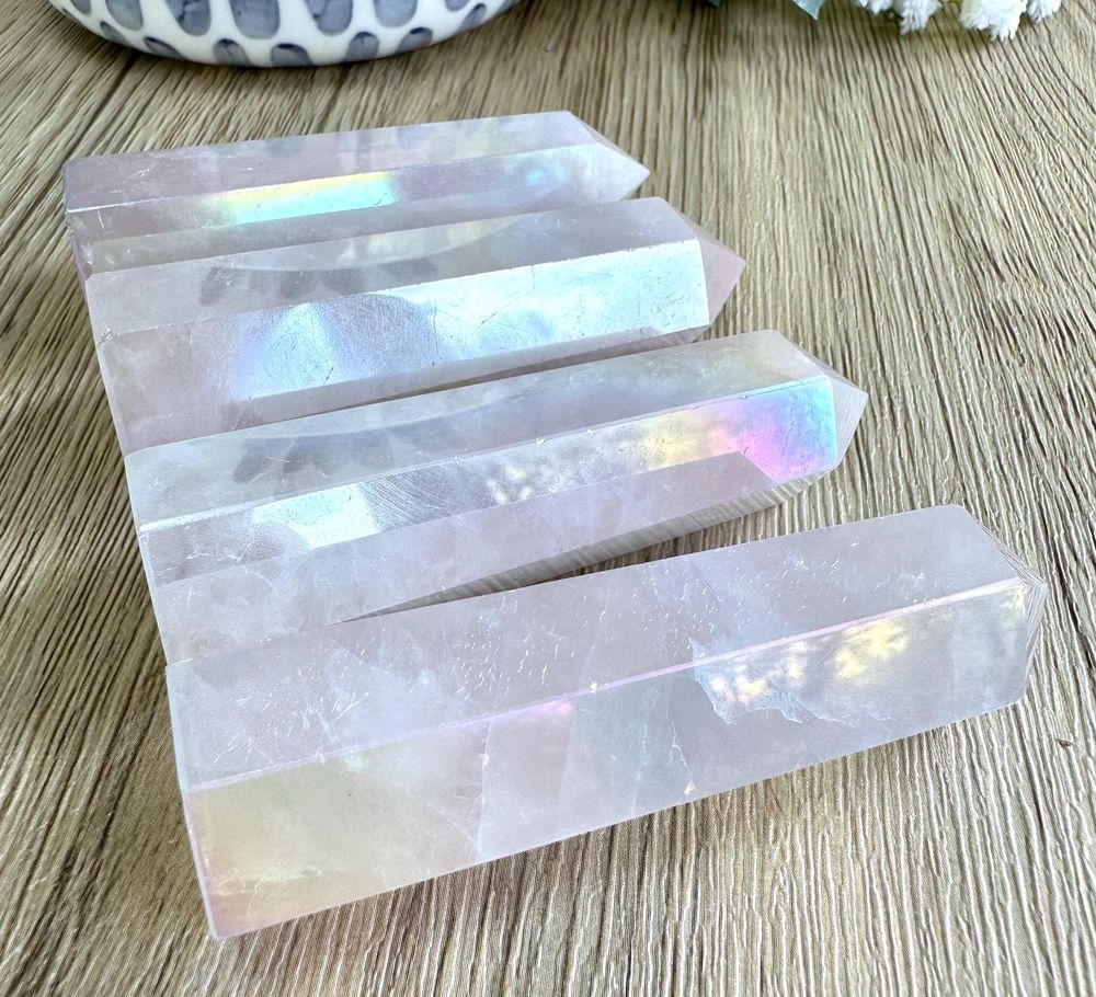 aura rose quartz towers, crystal towers from the holistic hamper crystals