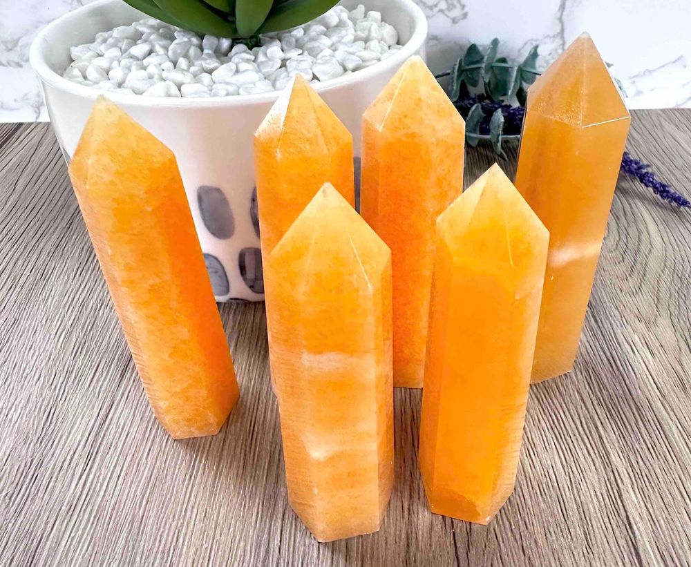 orange calcite crystal towers