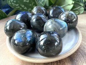 Large Grade A Labradorite Cuddle tumble stones on a plate, the holistic hamper crystals UK online shop