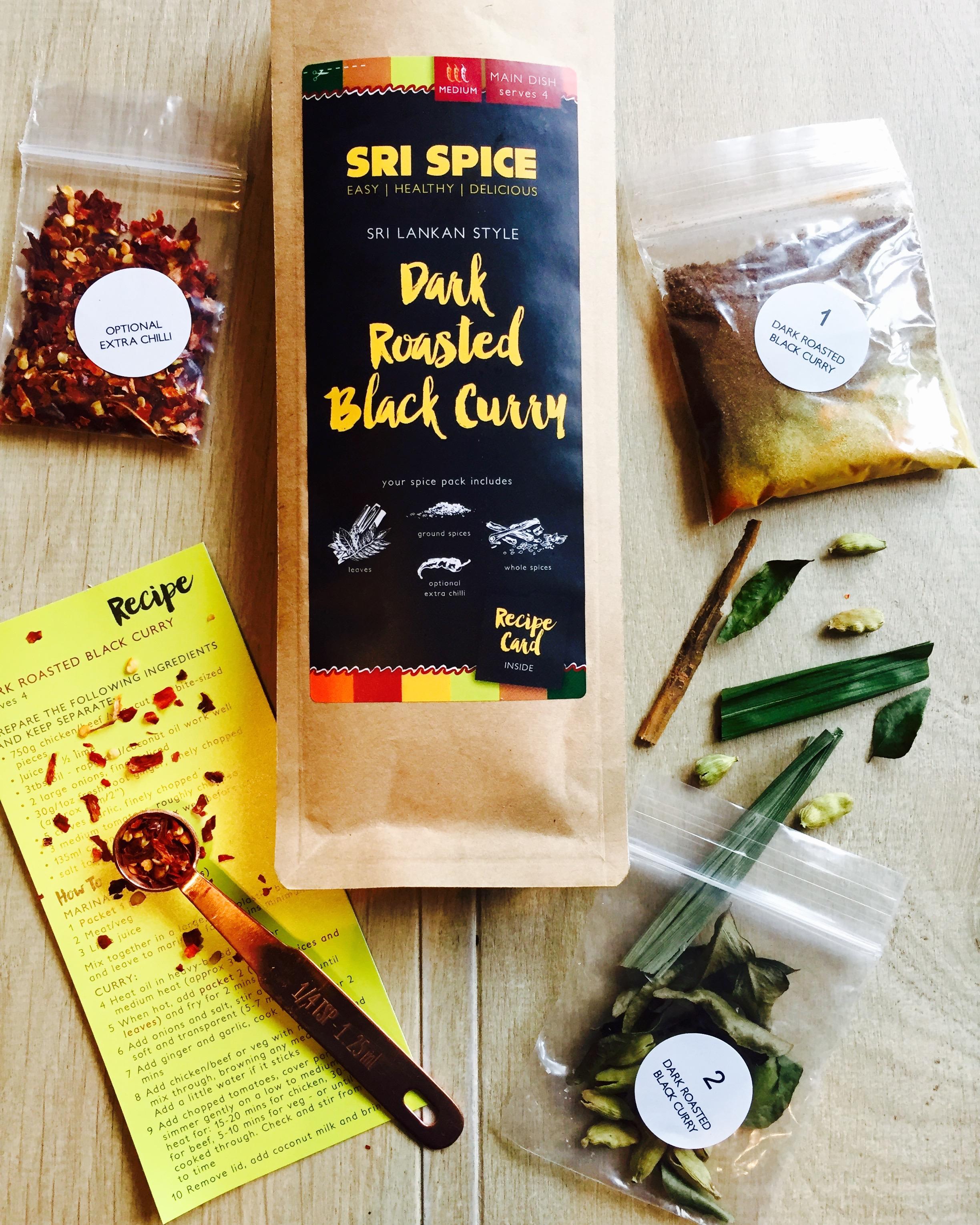 Dark Roasted Black Curry kit ingredients and recipe card