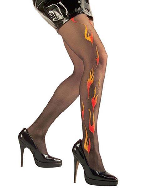 Glitter Flame Tights in Black with yellow and orange flames by Widmann 4775I available here at Karnival Costumes online party shop
