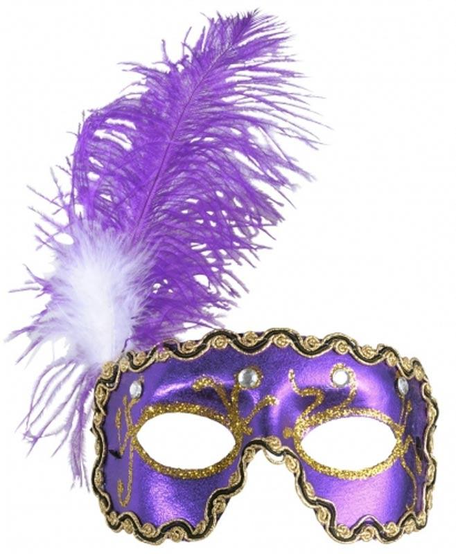Deluxe Purple Eyemask with Gems and Feather Trim from Karnival Costumes