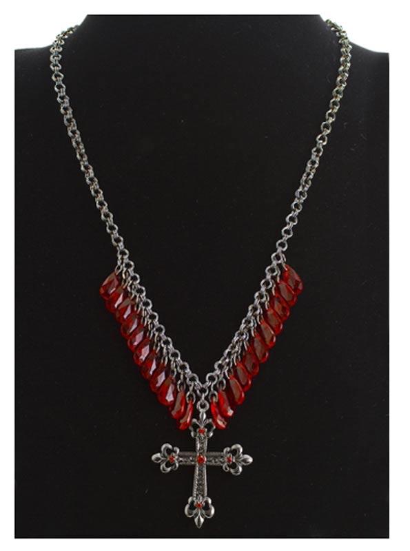 Gothic Cross Necklace with Drops of Jupiter - Red