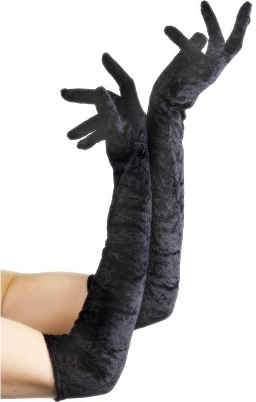 Ladies Gloves - Long Black Velveteen Gloves