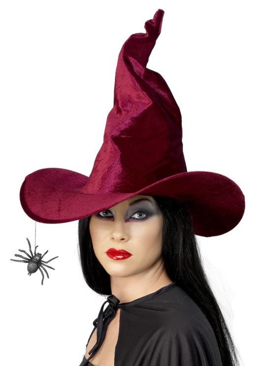 Burgundy Velvet Witch Hat with Spider - Halloween Hats