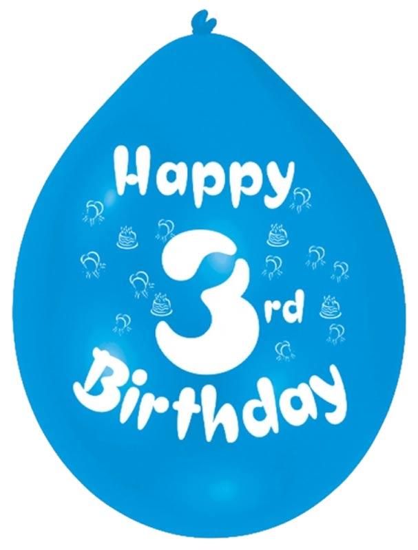 Happy 3rd Birthday Balloons - Assorted Colours printed in white. From Amscan, these are in packs of 10 balloons in a 9" size and are brought to you by Karnival Costumes www.karnival-house.co.uk