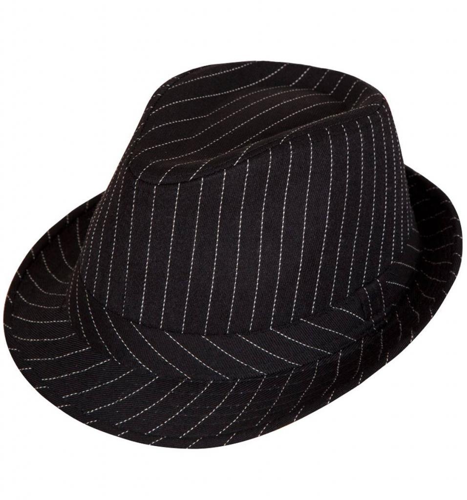 Black Pinstripe Trilby Hat by Wicked and available from Karnival Costumes