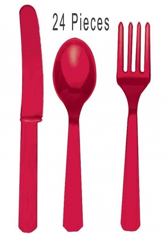 Bright Red Cutlery Assortment 24 pieces, 8 ea knives, forks, spoons. By Amscan and available at Karnival Costumes